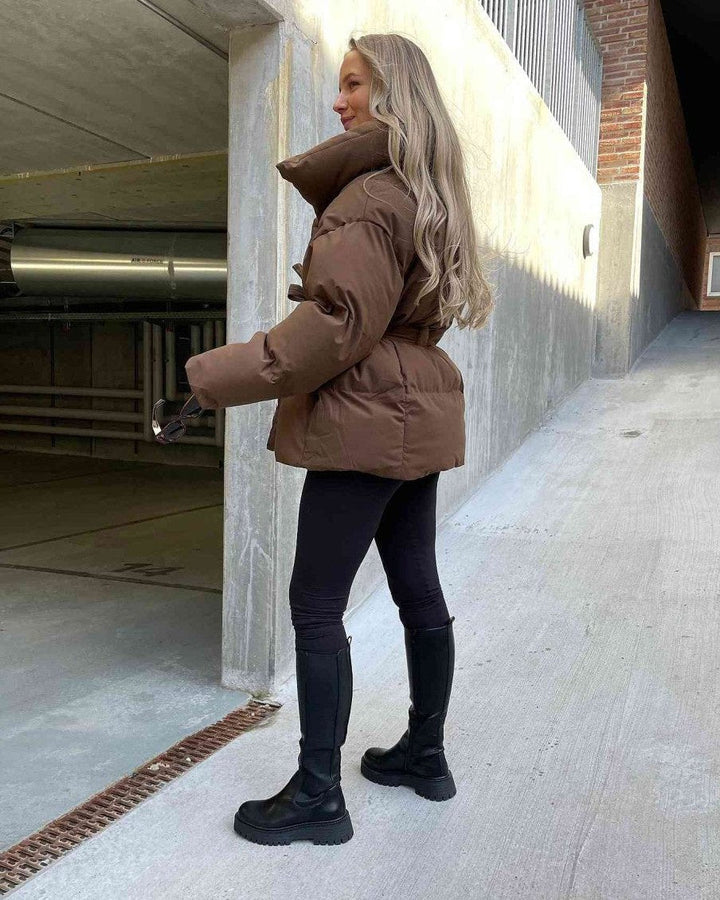 | Jacka med Belt för Dam värm Brun Jacka med oversize Krage