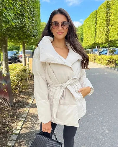 | Jacka med Belt för Dam värm Brun Jacka med oversize Krage