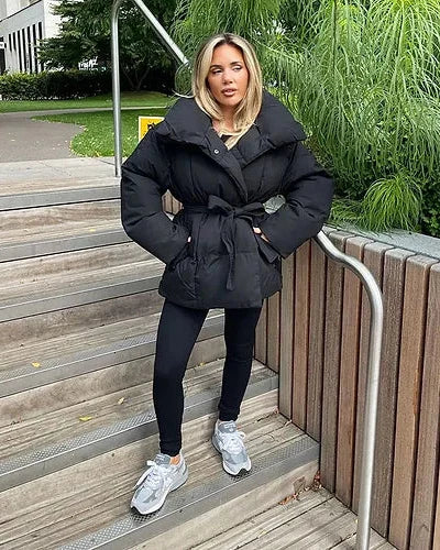 | Jacka med Belt för Dam värm Brun Jacka med oversize Krage