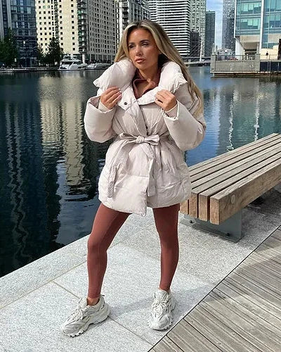 | Jacka med Belt för Dam värm Brun Jacka med oversize Krage
