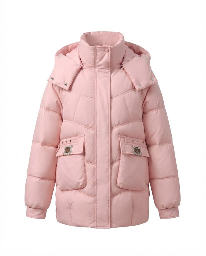 Dam Mid-Length Vadderad Parka med Hög Stå Krage Lock, Stowable Huva, och Stora Cargo Fickor