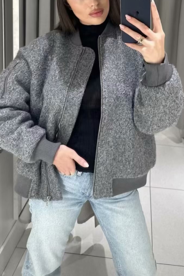 | Collarless Lång ärm Ribbad Flight Jacka