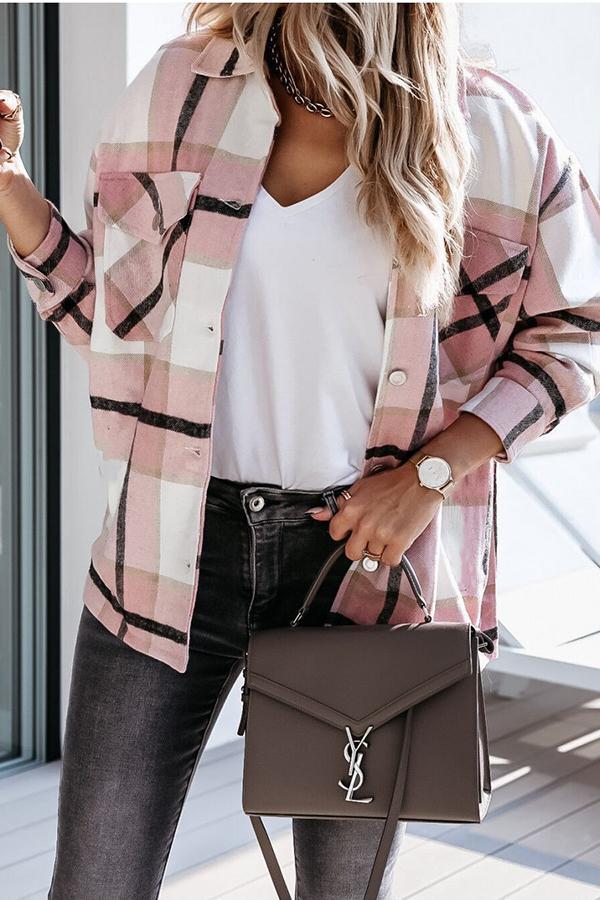 | Feeling Plaid med Fickor Avslappnad Jacka