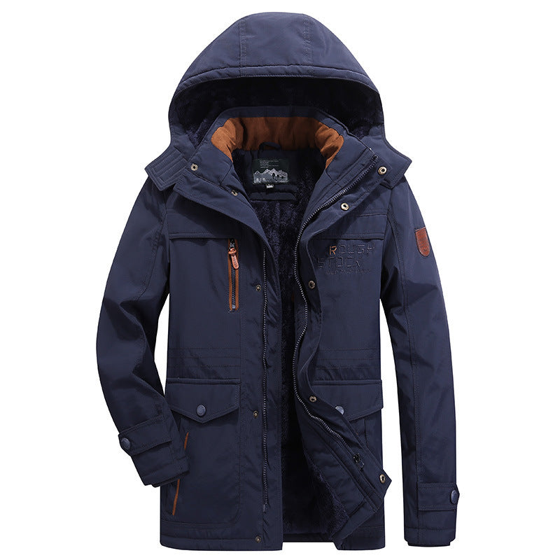 Herr vadderad field parka med teddyfoder, huva och flerafunction fickor