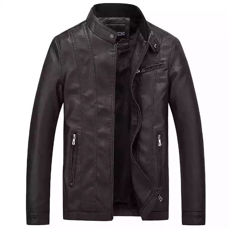 Herr modern Slim-Fit läderlook Blouson med ståkrage och Bröst Dragkedja Ficka