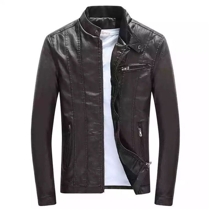 Herr modern Slim-Fit läderlook Blouson med ståkrage och Bröst Dragkedja Ficka