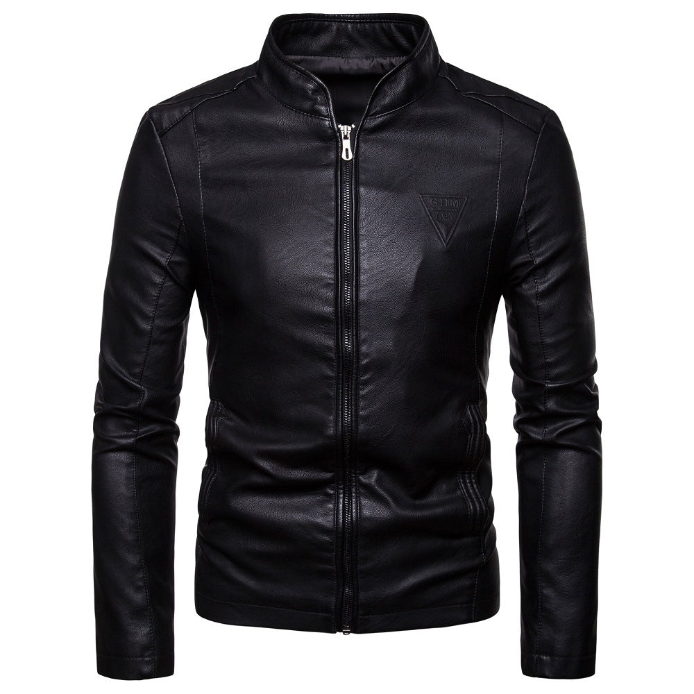 Herr Smal Artificial Läder Blouson i Racer Look med Stående Krage och Dold Dragkedja