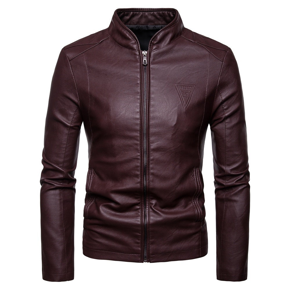 Herr Smal Artificial Läder Blouson i Racer Look med Stående Krage och Dold Dragkedja