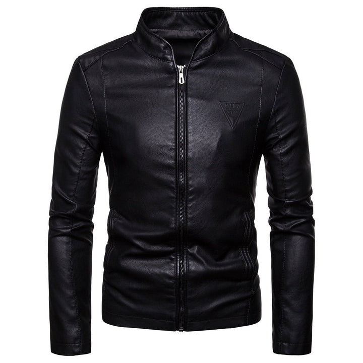 Herr Smal Artificial Läder Blouson i Racer Look med Stående Krage och Dold Dragkedja