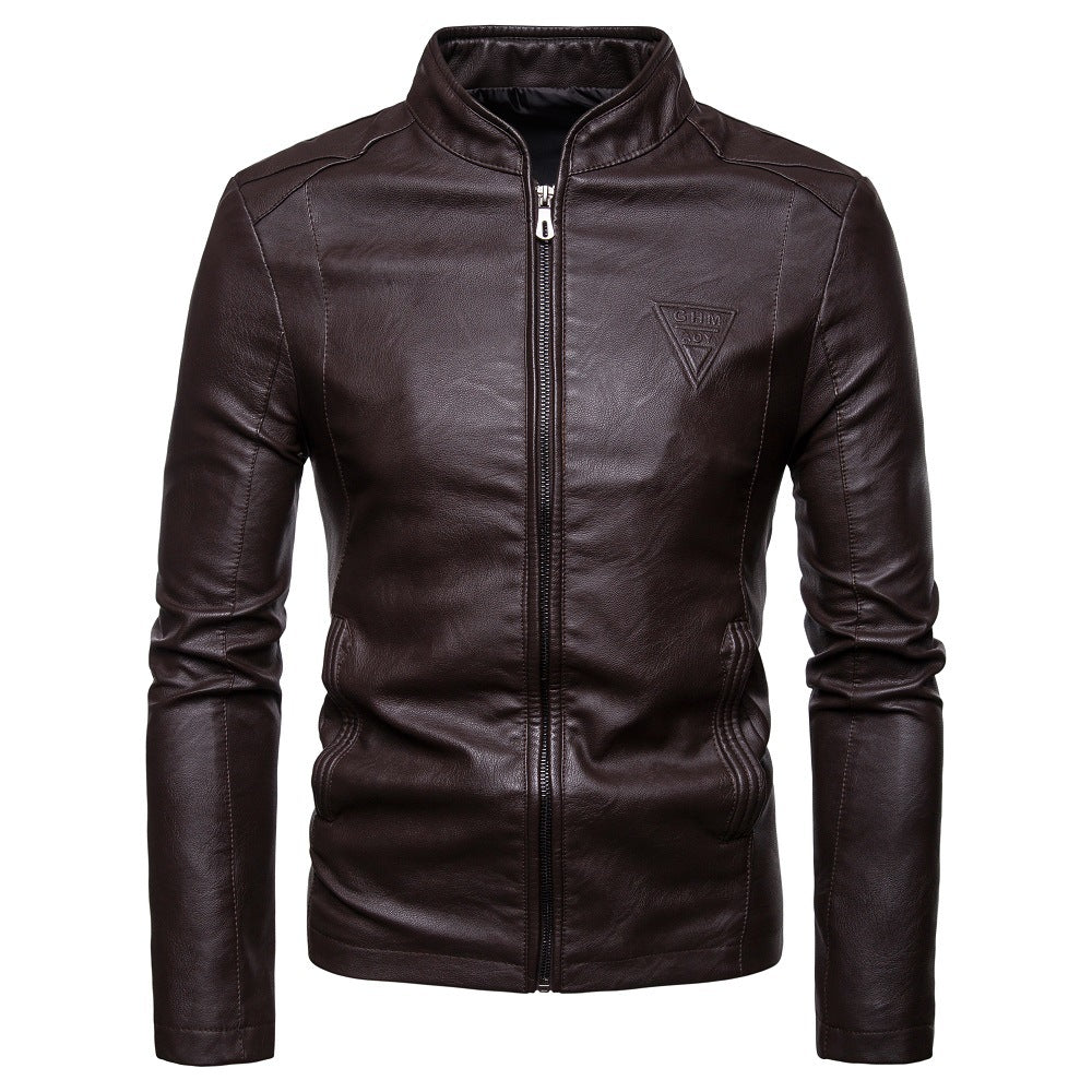 Herr Smal Artificial Läder Blouson i Racer Look med Stående Krage och Dold Dragkedja