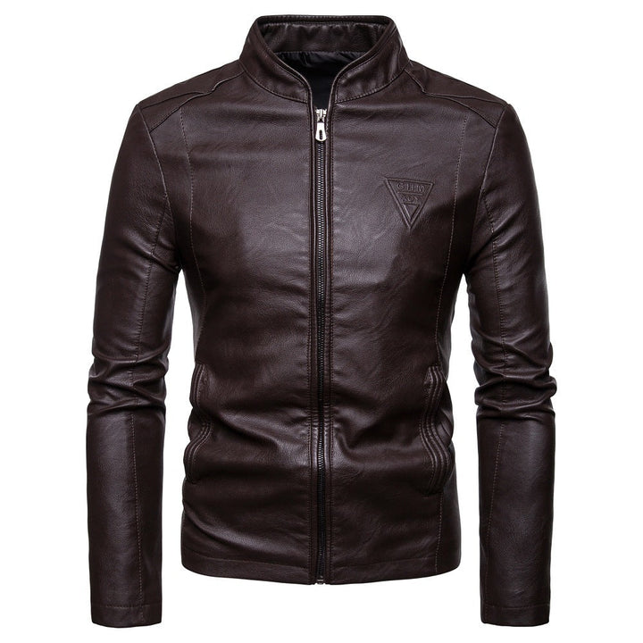 Herr Smal Artificial Läder Blouson i Racer Look med Stående Krage och Dold Dragkedja