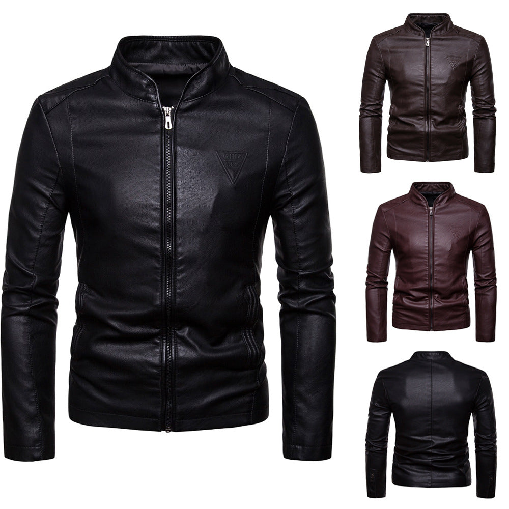 Herr Smal Artificial Läder Blouson i Racer Look med Stående Krage och Dold Dragkedja