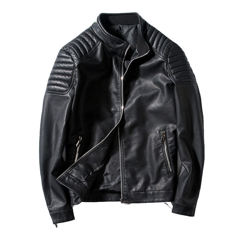 Herr Slim-Fit Konstläder Motorcycle Jacka med Quiltad Axlar och Ståkrage