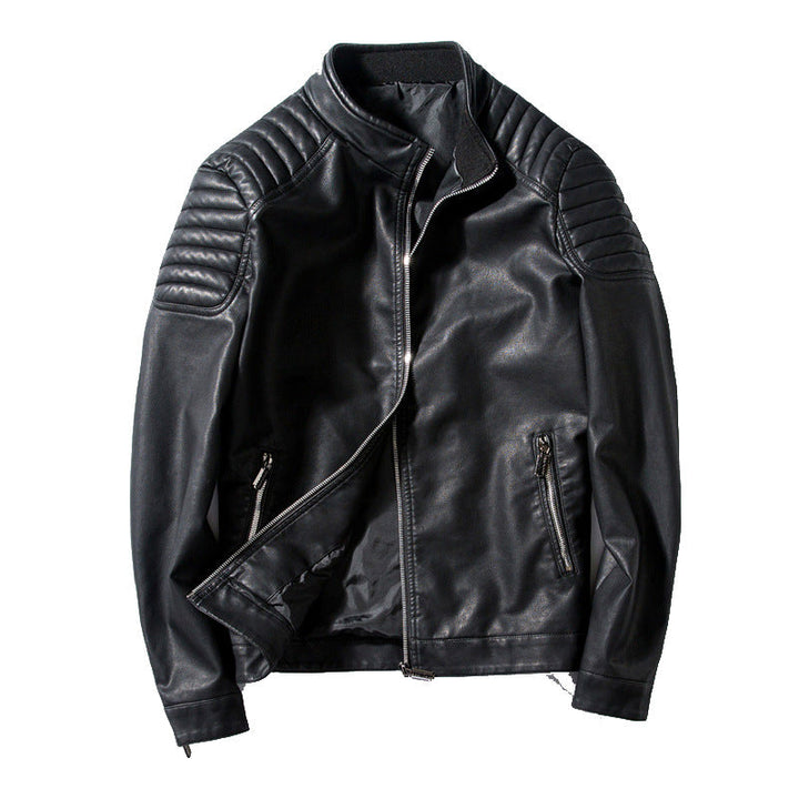 Herr Slim-Fit Konstläder Motorcycle Jacka med Quiltad Axlar och Ståkrage