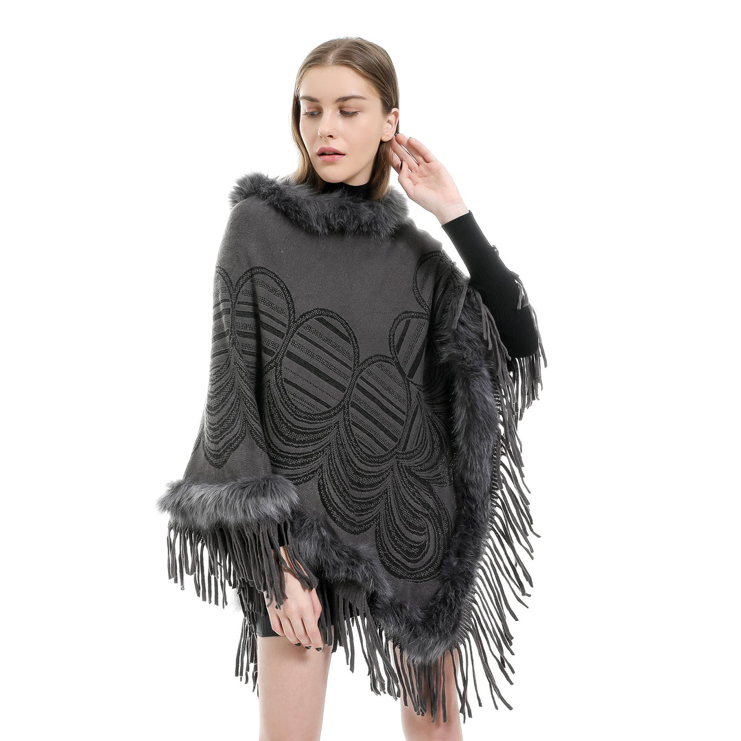 Dam Fringe poncho med Faux Fur kant och Jacquard Ruana