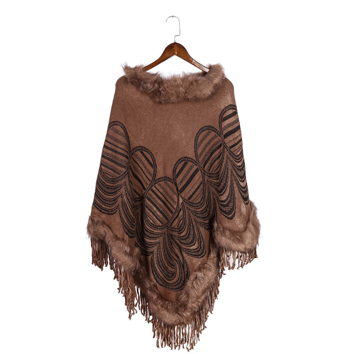Dam Fringe poncho med Faux Fur kant och Jacquard Ruana