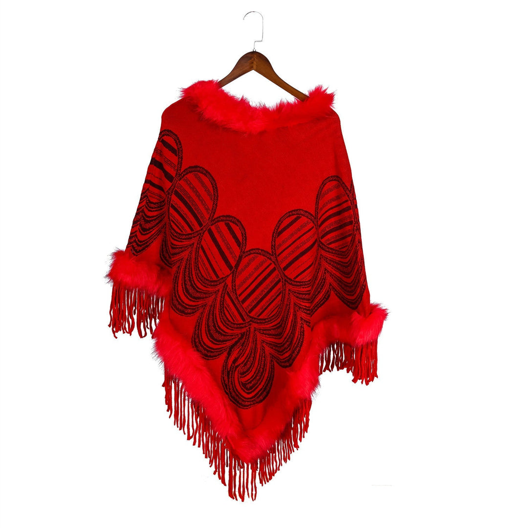 Dam Fringe poncho med Faux Fur kant och Jacquard Ruana