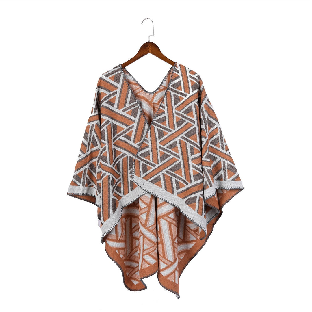 Dam Oversize Ruana med geometric jacquard och decorative seam