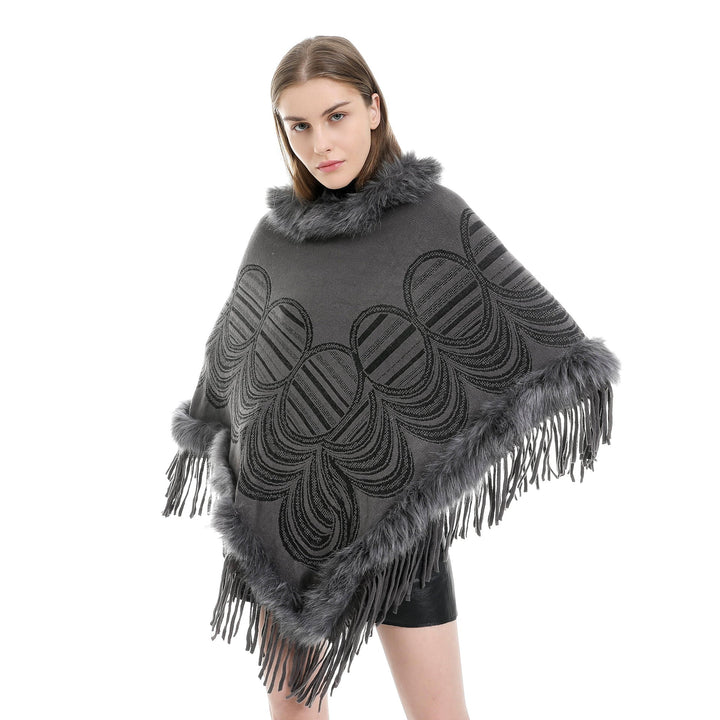 Dam Fringe poncho med Faux Fur kant och Jacquard Ruana