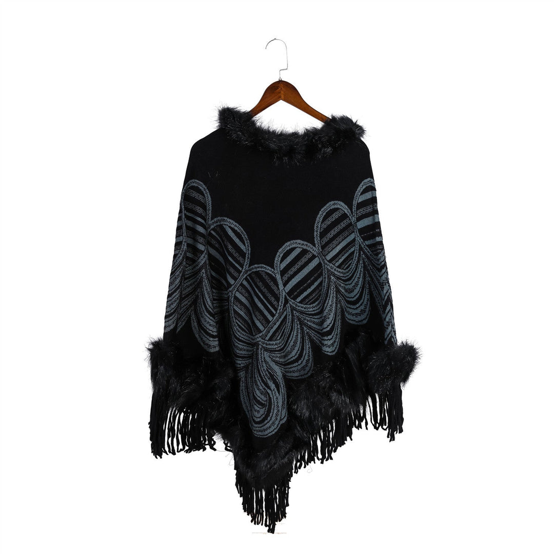 Dam Fringe poncho med Faux Fur kant och Jacquard Ruana