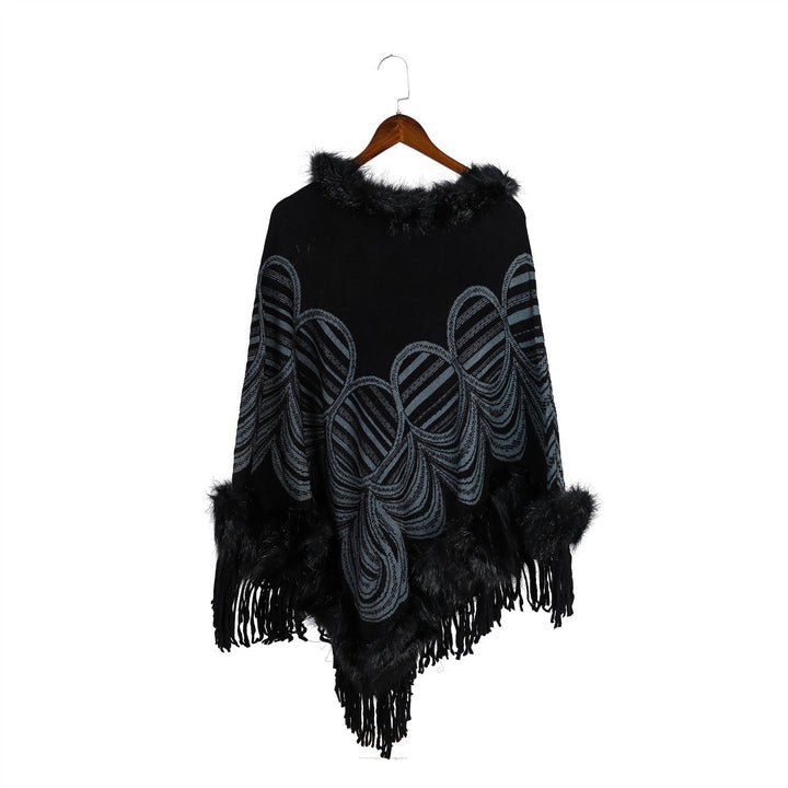 Dam Fringe poncho med Faux Fur kant och Jacquard Ruana