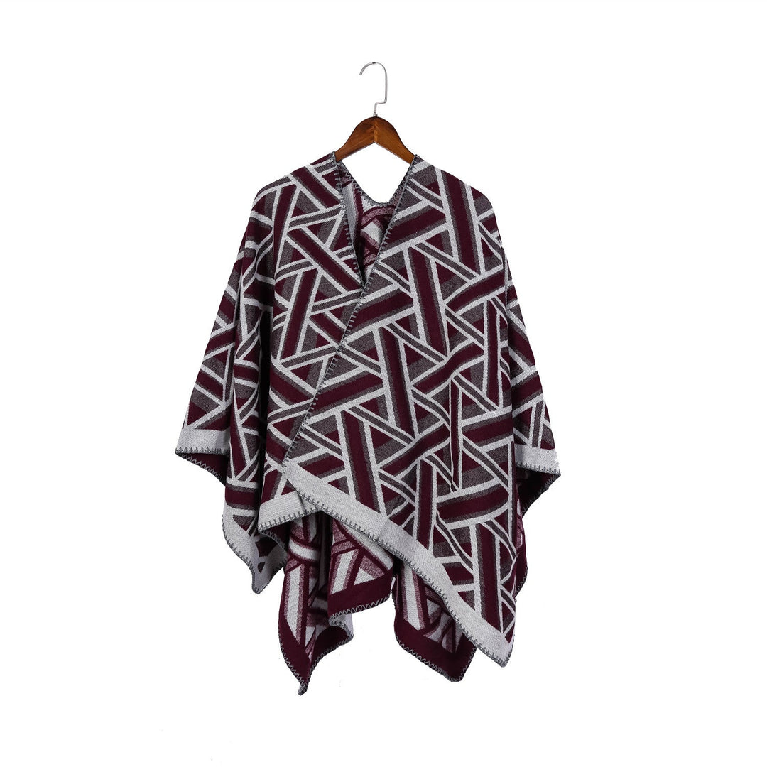 Dam Oversize Ruana med geometric jacquard och decorative seam