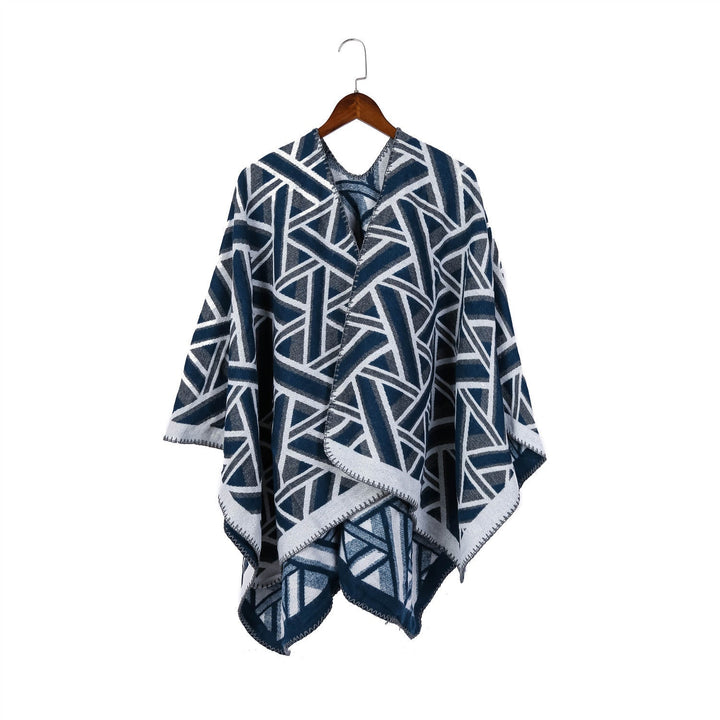 Dam Oversize Ruana med geometric jacquard och decorative seam