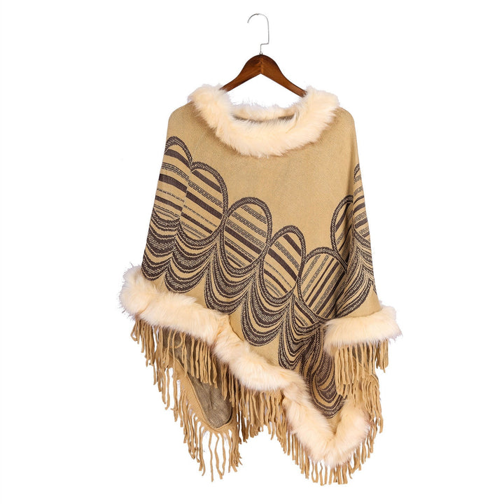 Dam Fringe poncho med Faux Fur kant och Jacquard Ruana