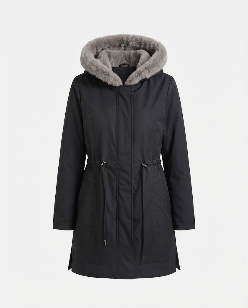 Dam Knee-Length Thermoparkas med Avtagbar Teddy Huva, Drawstring Waist och Dold Front Lock