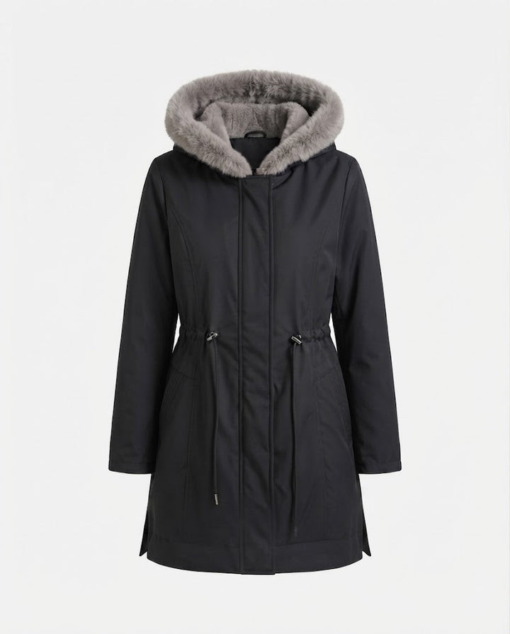 Dam Knee-Length Thermoparkas med Avtagbar Teddy Huva, Drawstring Waist och Dold Front Lock