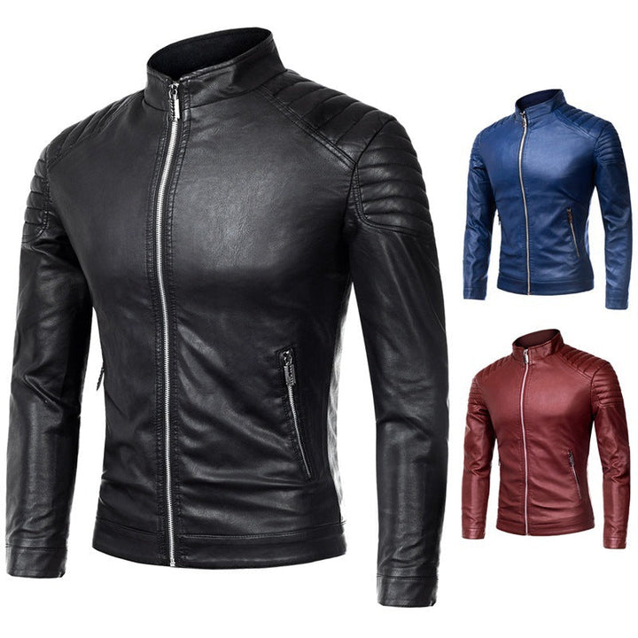 Herr Slim-Fit Konstläder Motorcycle Jacka med Quiltad Axlar och Ståkrage