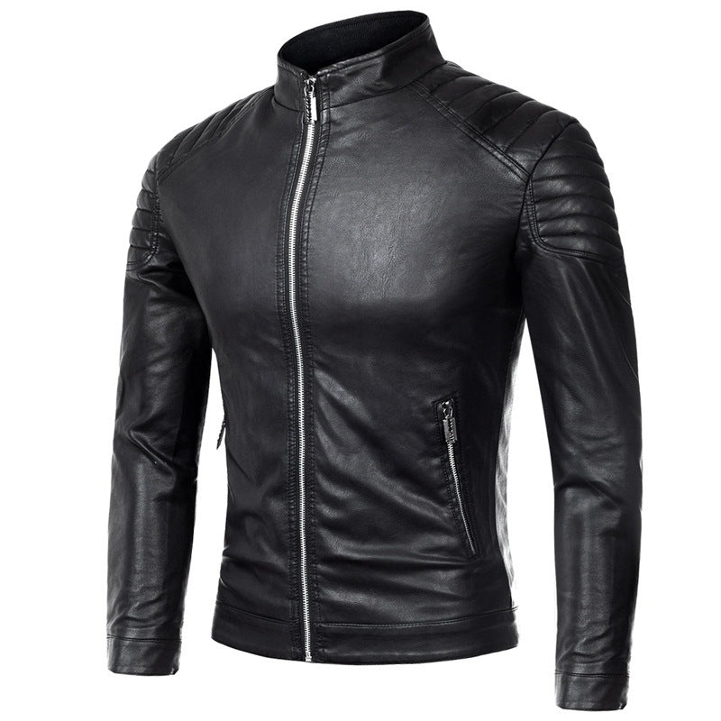 Herr Slim-Fit Konstläder Motorcycle Jacka med Quiltad Axlar och Ståkrage