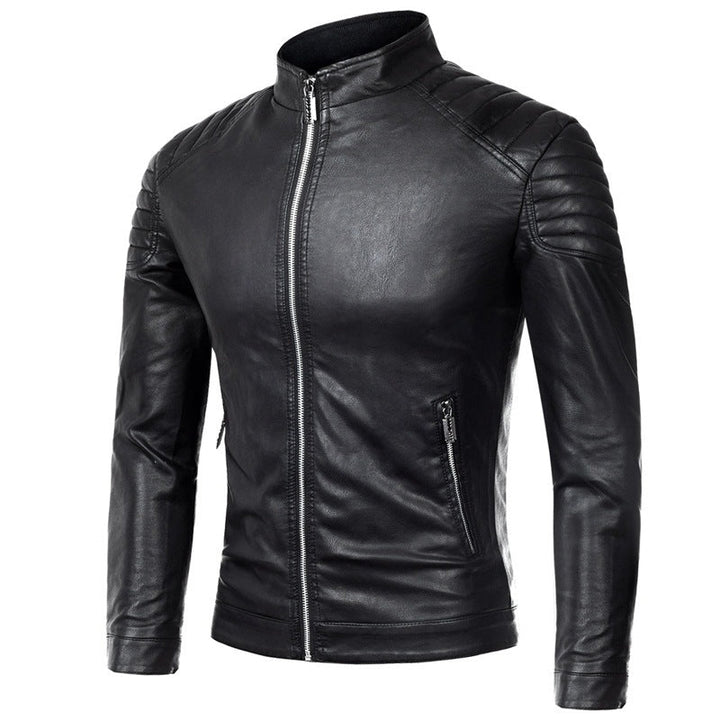 Herr Slim-Fit Konstläder Motorcycle Jacka med Quiltad Axlar och Ståkrage