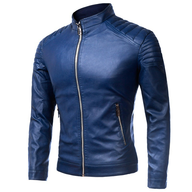 Herr Slim-Fit Konstläder Motorcycle Jacka med Quiltad Axlar och Ståkrage