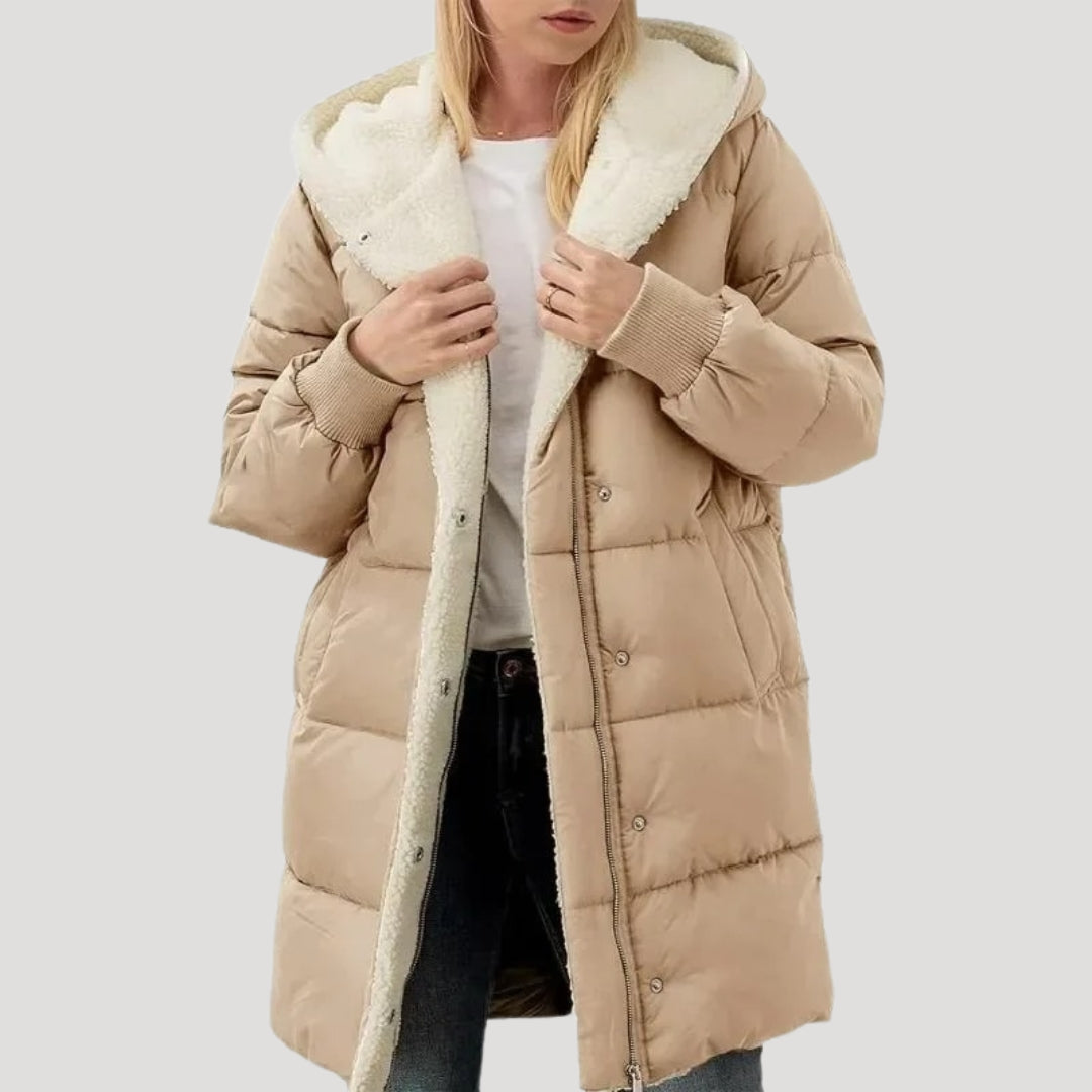 | Dam Lång Puffer Kappa – vinterjacka Lined med Fusk Päls