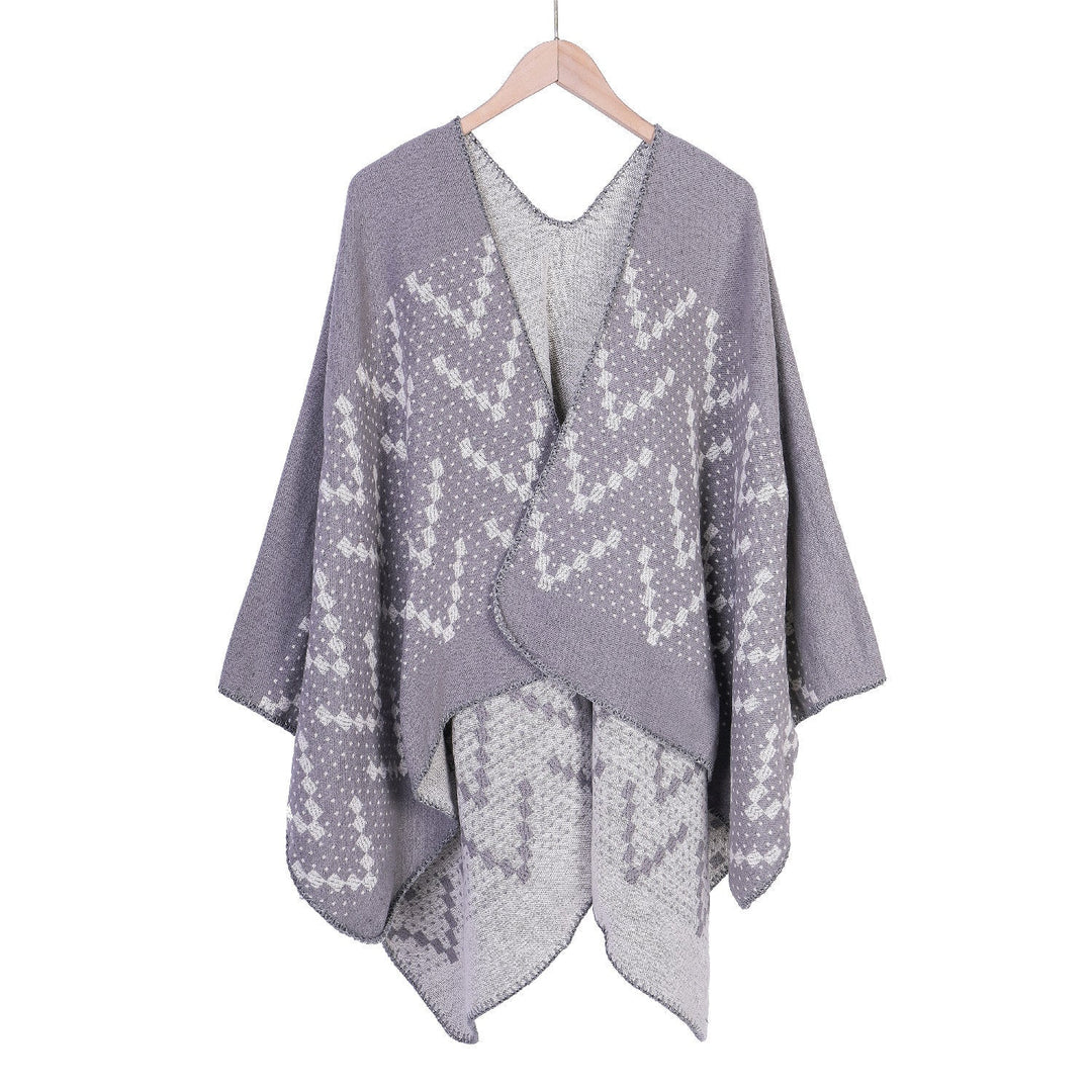 Dam jacquard wrap ruana med geometric mönster och open kimono silhuett