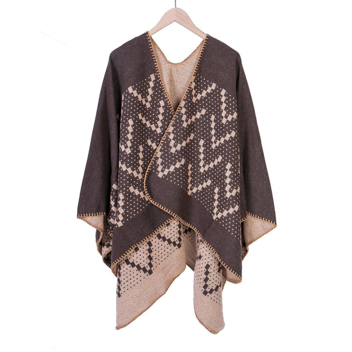 Dam jacquard wrap ruana med geometric mönster och open kimono silhuett