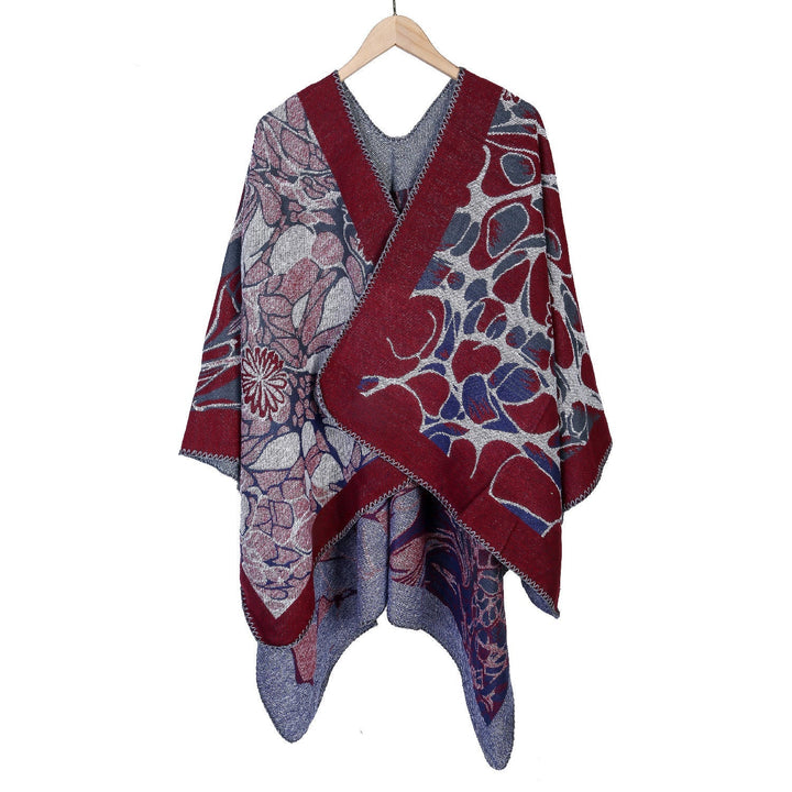 Dam Jacquard Ruana poncho med kontrasterande sjalkrage och asymmetrical pointed fåll
