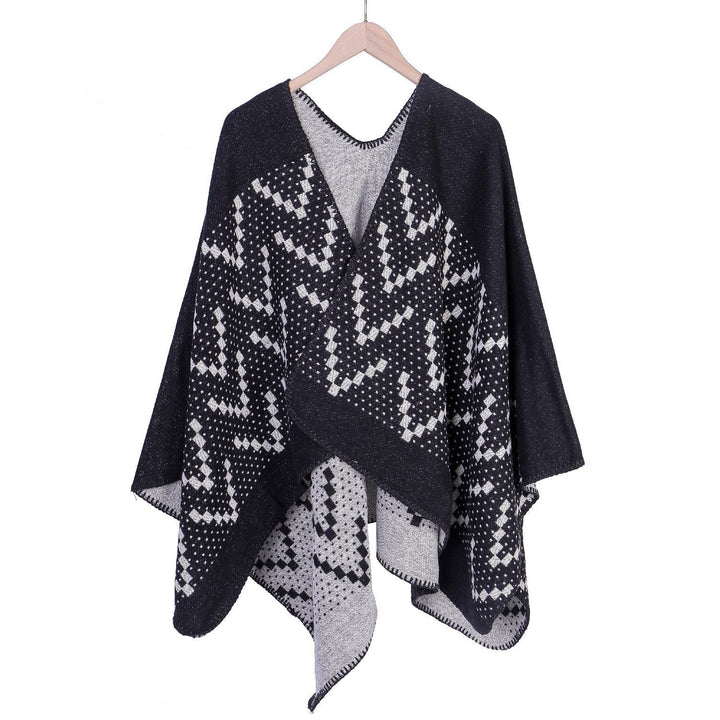 Dam jacquard wrap ruana med geometric mönster och open kimono silhuett
