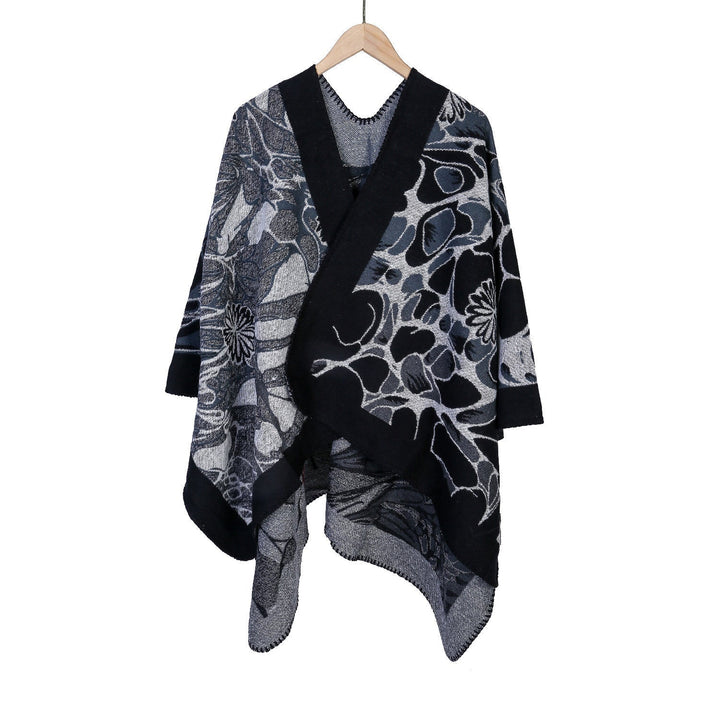 Dam Jacquard Ruana poncho med kontrasterande sjalkrage och asymmetrical pointed fåll