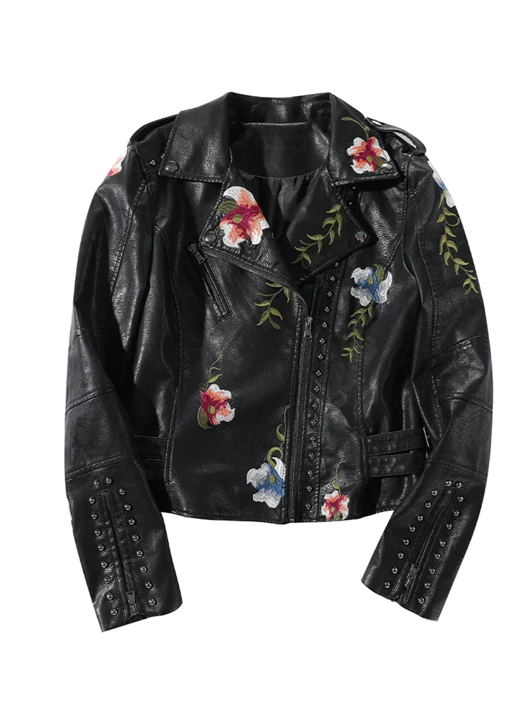 | Dam läder jacka med stud accent och floral mönster
