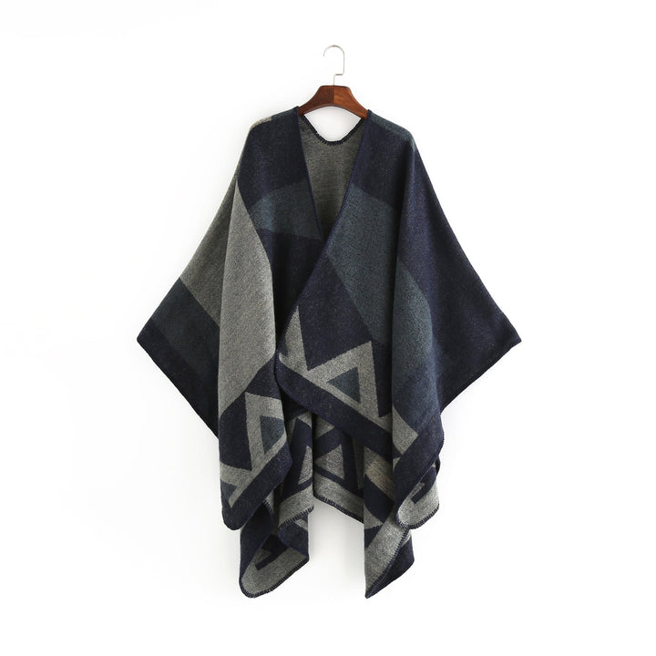 Dam oversized ruana tillverkad av ullblandning med geometric intarsia och open kimono fall