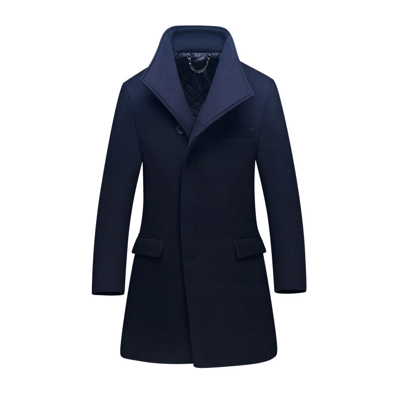 Herr Smal Ull Blandning Overcoat med Hög Ståkrage och Quiltad Termisk Foder