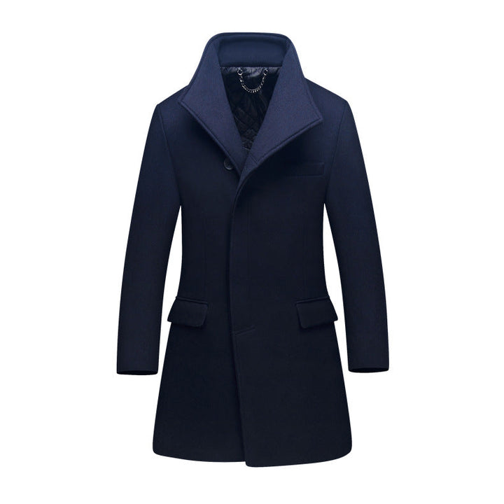 Herr Smal Ull Blandning Overcoat med Hög Ståkrage och Quiltad Termisk Foder