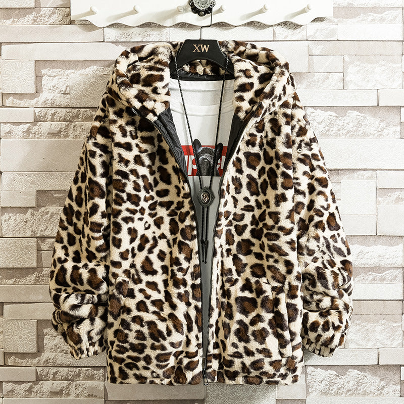 Dam Cuddly Fleece Jacka med Leopard Mönster och Huva