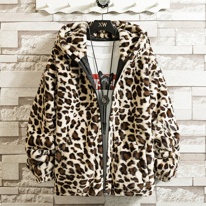 Dam Cuddly Fleece Jacka med Leopard Mönster och Huva