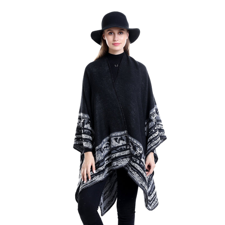 Dam mjuk-Falling Oversize Ruana i Cloak stil med Ornamental Border