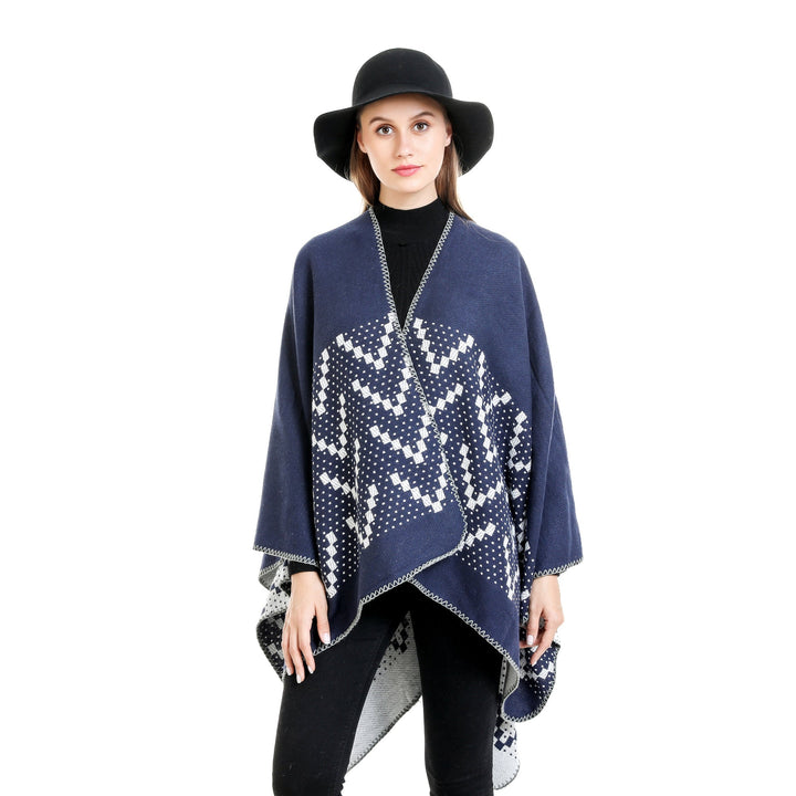 Dam jacquard wrap ruana med geometric mönster och open kimono silhuett