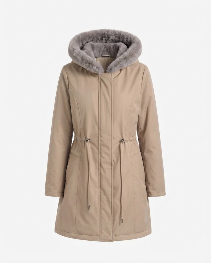 Dam Knee-Length Thermoparkas med Avtagbar Teddy Huva, Drawstring Waist och Dold Front Lock