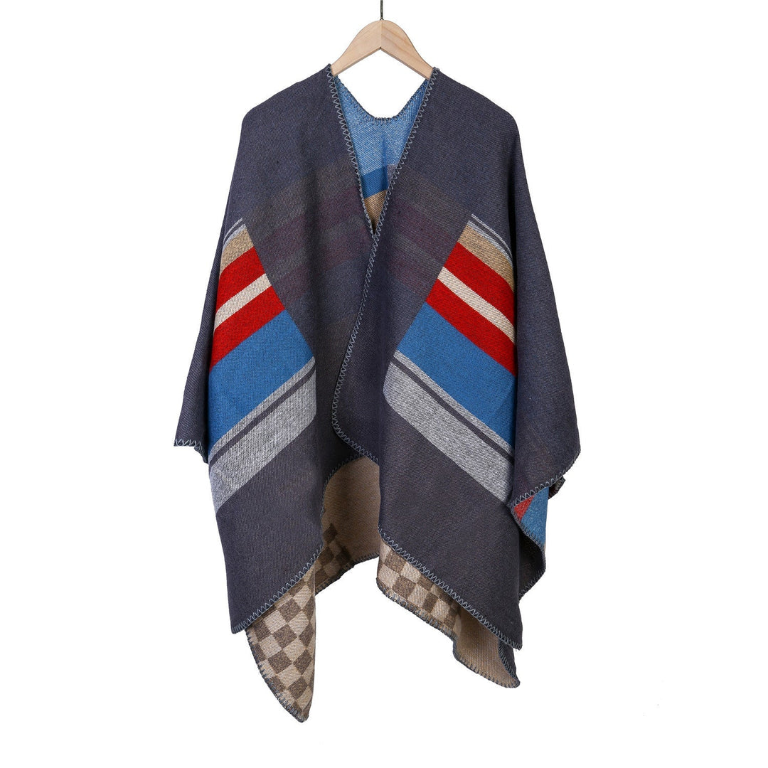 Dam randig ullblandning Ruana med Open Fall och Decorative Stitch